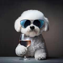 Lustiger Hund Bichon Frise mit Sonnenbrille und Sektglas in der Pfote, 3D Illustration

