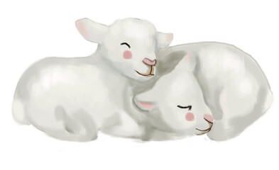 Сute little sheep isolated on white, png illustration for kids, children.