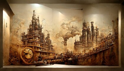 Steampunk mechanical automata factory on the wall design illustration