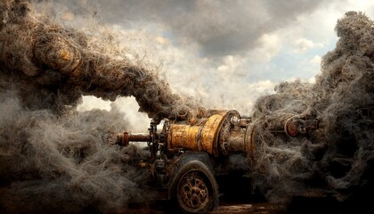 Fototapeta na wymiar Rusty old steam machinery polluting design illustration