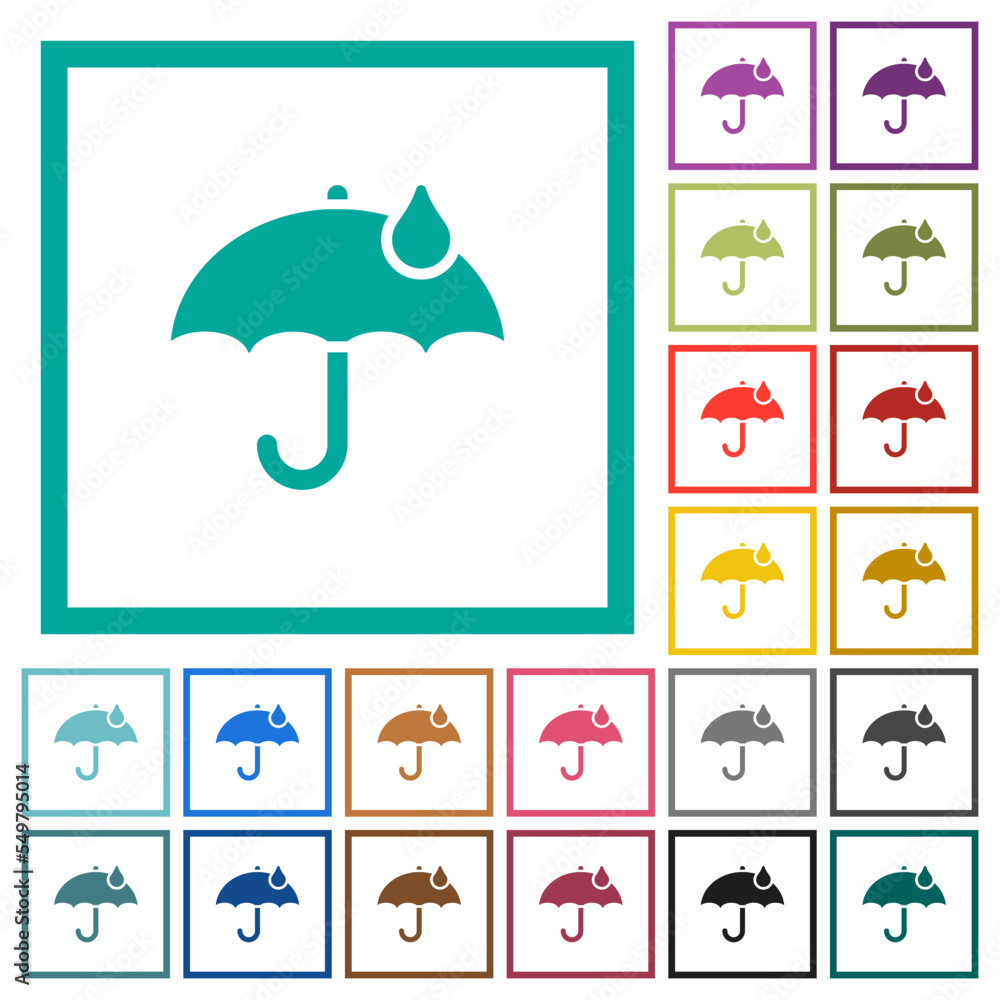 Poster umbrella with single raindrop solid flat color icons with quadrant frames