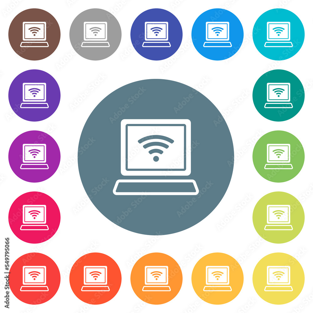Poster laptop computer with wireless symbol alternate flat white icons on round color backgrounds