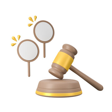 3D rendering of a brown gavel for holding an auction or a court session against the background of the plates. Minimalistic cartoon style.