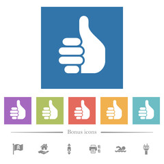 Right handed thumbs up solid flat white icons in square backgrounds
