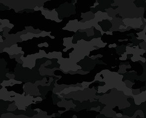 
Black camo seamless texture disguise, night dark pattern, trendy vector graphic