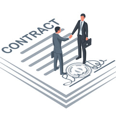 Two businessmen sign contract. Clipboard with signatures and stamp of the agreement. Transaction document. Businessmen shake hands. Association of partners. Agreement of the parties. Handshake vector.