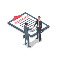 Two businessmen sign contract. Clipboard with signatures and stamp of the agreement. Transaction document. Businessmen shake hands. Association of partners. Agreement of the parties. Handshake vector.