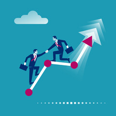 Teamwork concept. Businessman standing on growth chart. Give helping hand. Collaboration concept. Vector illustration flat design. Isolated on background. Business people work together to achieve goal