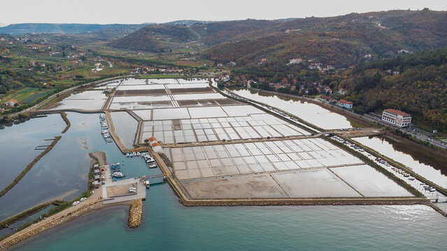aerial view of salt flats within the Strunjan protected marine park on the coast of Slovenia in the Gulf of Trieste - Powered by Adobe