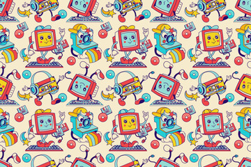 Fun Groovy computer geek wallpaper. Cool Retro characters, funky seamless pattern, hippie 70s-90s old technologies fabric, seamless backdrop, cool background.