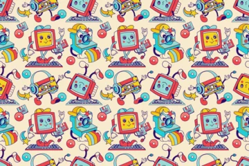 Fotobehang Fun Groovy computer geek wallpaper. Cool Retro characters, funky seamless pattern, hippie 70s-90s old technologies fabric, seamless backdrop, cool background. © Vigurskaia Sofiya