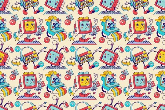 Fun Groovy computer geek wallpaper. Cool Retro characters, funky seamless pattern, hippie 70s-90s old technologies fabric, seamless backdrop, cool background.