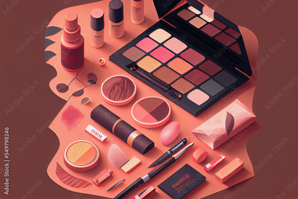 Wall mural flat lay illustration of different makeup products side by side