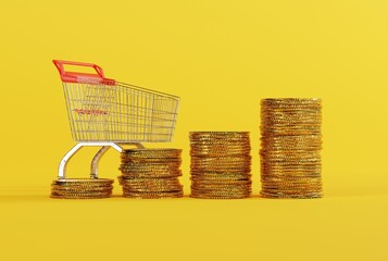 Empty shopping trolley on the background of gold coins. Inflation concept, less products for the...