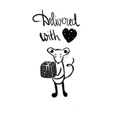 Valentines day postcard with quote Delivered with love and cute cartoon mouse holding a gift box