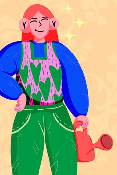 young woman with long red hair happy to water her plants and flowers while resting her hand on her waist