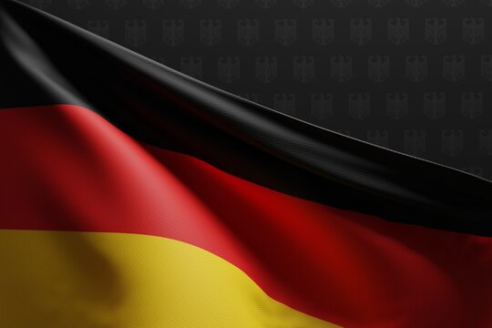 The flag of Germany on a dark background. The concept of nationality, patriotism. Germany's relations with other countries. Top view of the flag of Germany. 3D render, 3D illustration.
