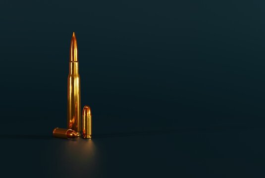 Bullet gun on a dark background. Weapons and ammunition concept. Different cartridges for pistol, rifle. Access to firearms. 3D render, 3D illustration.