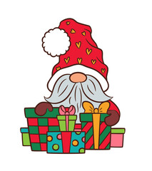 Cute Christmas gnome with gift boxes. Cartoon Scandinavian elf Tomte character vector illustration. Little Swedish gnome doodle. Traditional red green Xmas colors. Fun nordic dwarf Xmas drawing.