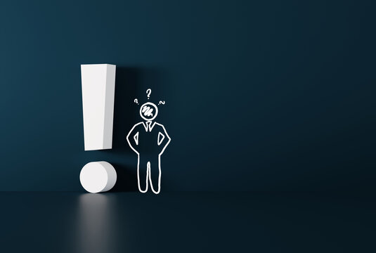 An exclamation mark and a sketched man. Business concept, paying attention, caution on business. Exclamation mark on a dark background. 3D render, 3D illustration.