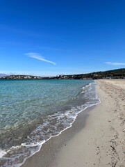 Sandy beach, sea coastline, empty sea beach