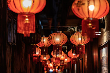 Fototapeta premium Chinese lanterns on the street at night, China town, Chinese new year decoration.