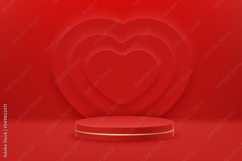 Poster red podium with heart shaped frames. mockup vector scene of geometry shape platform. holiday banner 