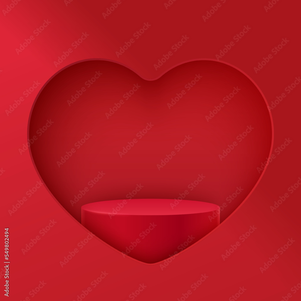 Aufkleber red podium with heart shaped frame. mockup vector scene of geometry shape platform. festive backgrou