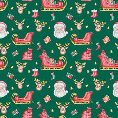 Watercolor seamless pattern. Hand painted illustrations of Santa Claus with reindeers, stockings, gift boxes, jingle bells, sleigh, red bag. Print on green background for New Year, Christmas textile