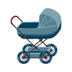 Fototapeta na wymiar Baby carriage isolated on white background.3D buggy on four wheels and with a luggage compartment.Vector clip art in flat cartoon style.Can be used for the design of posters, banners and other users. 