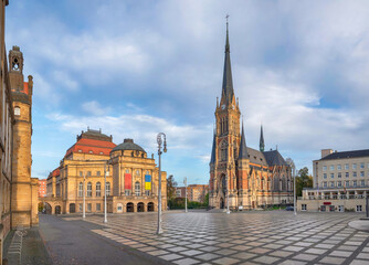 Chemnitz, Germany. View of  Theaterplatz square with buildings of opera and Petrikirche church