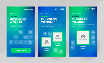 Business online webinar social media story template. Background and illustration for social media banner design with a place for a picture in vector. 