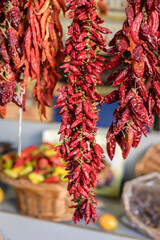 Fototapeta premium Jindungo red chili peppers at covered market, Funchal, Madeira