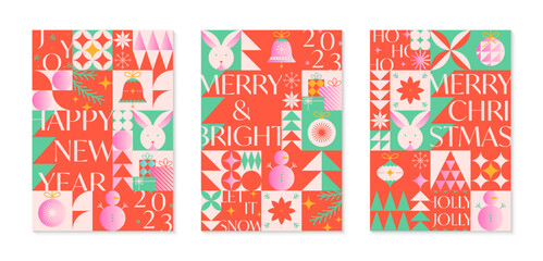 Christmas and Happy New Year greeting banners templates.Festive vector backgrounds in bauhaus style.Traditional winter holiday symbols.Xmas trendy designs for branding,invitations,prints,social media