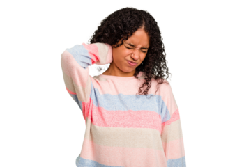 Young Brazilian curly hair cute woman isolated suffering neck pain due to sedentary lifestyle.