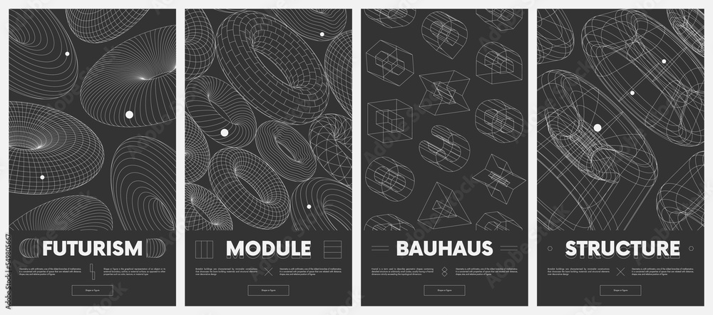 Poster Collection vector posters with strange wireframes of geometric shapes modern design inspired by brutalism, graphic vaporwave and retrofuturistic style set 8