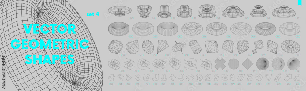 Poster Collection of strange wireframes vector 3d geometric shapes, distortion and transformation of figure, set of different linear form inspired by brutalism, graphic design elements, set 4