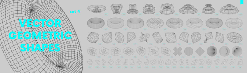 Collection of strange wireframes vector 3d geometric shapes, distortion and transformation of figure, set of different linear form inspired by brutalism, graphic design elements, set 4