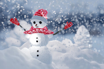 Snowman with red hat and scarf on the snow. 3D render illustration.