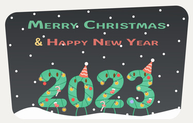 Merry Christmas and Happy New Year 2023 with falling snow. The 2023 character is decorated with various decorations and have fun. Vector illustration Eps10.