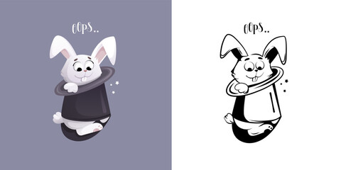Bunny in a hat. The magician's white rabbit sits in a hat, funny falling out of it. Vector illustration in two versions black and white and in color