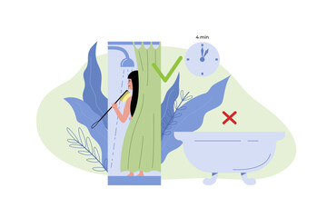 Woman is reducing usage of water by showering short time. Sustainable lifestyle. Flat vector illustration.