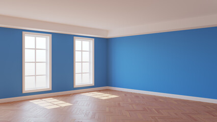 Blue Interior with Plaster Walls, Two Windows, White Ceiling and Cornice, Glossy Herringbone Parquet Floor and a White Plinth. Beautiful Interior Concept. 3D rendering, 8K Ultra HD, 7680x4320, 300 dpi