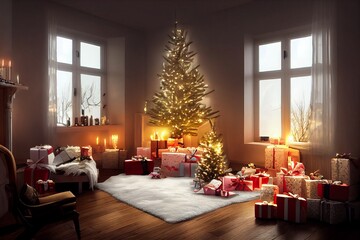 Cozy vintage Christmas holdiay decorated room with Christmas tree, fireplace, candles, toys, carpet and armchair.