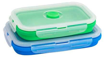 Collapsible silicone food storage containers, kitchen food boxes. Food Storage Container. Silicone Lunch Box. Foldable and hermetic seal insulated on a white background. Blue, Green.