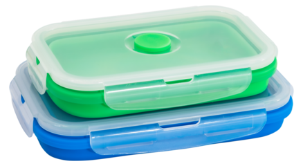 Collapsible silicone food storage containers, kitchen food boxes. Food Storage Container. Silicone Lunch Box. Foldable and hermetic seal insulated on a white background. Blue, Green.