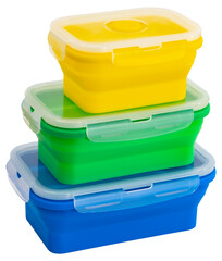 Collapsible silicone food storage containers, kitchen food boxes. Food Storage Container. Silicone Lunch Box. Foldable and hermetic seal insulated on a white background. Blue, Yellow, Green