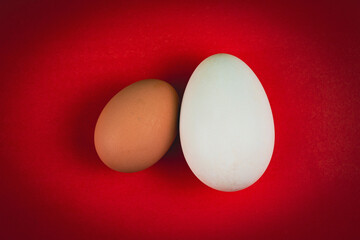top view of a Duck Egg and brown Chicken Egg over red background