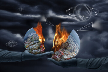 Earth on fire. Global catastrophe concept. Pollution, greenhouse effect, global warming are destroying our planet