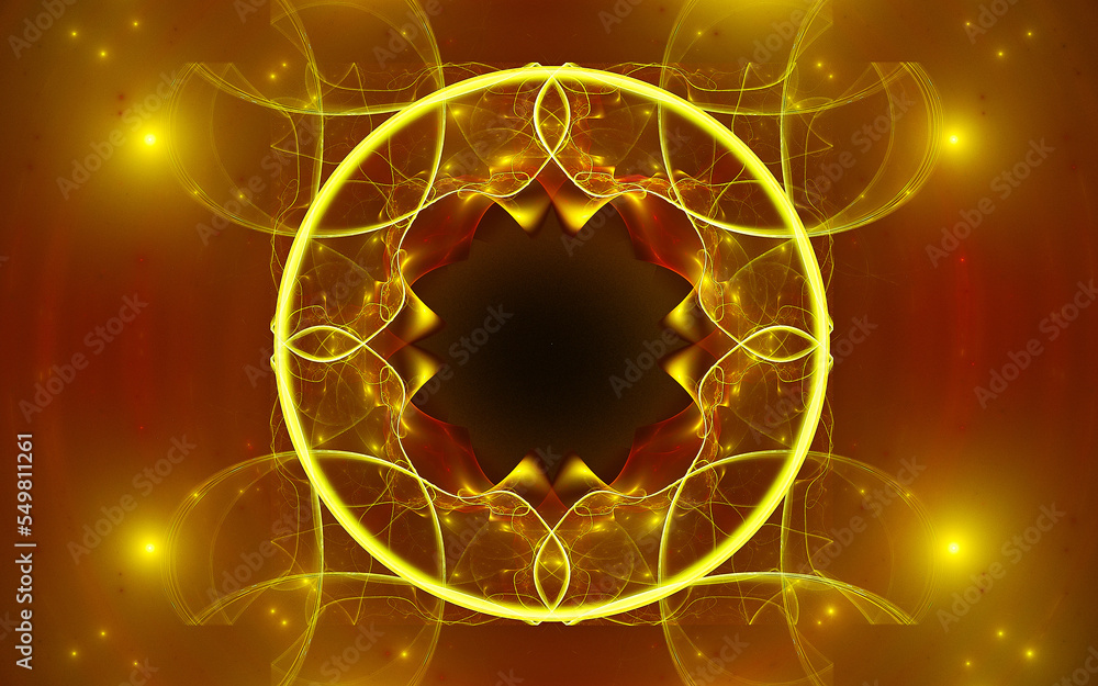 Poster abstract illustration of a computer generated fantastic emblem in various shapes and shades on a bla